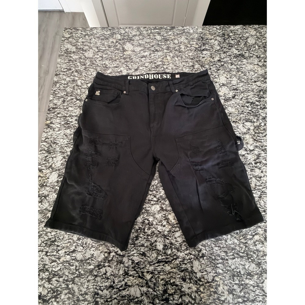 Grindhouse Denim Mens Black Distressed Carpenter Shorts Size 36 Ripped Utility